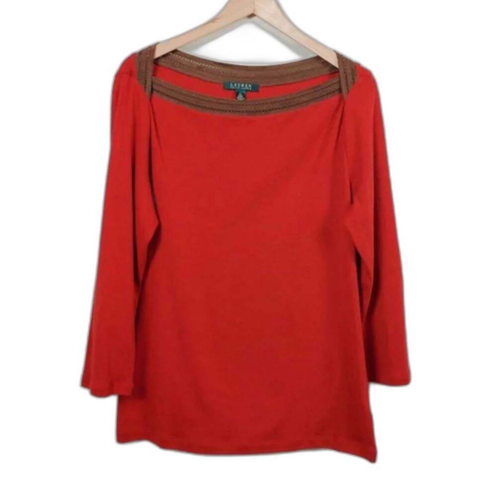 Lauren Ralph Lauren Red Cotton Top Women Size XL Boat Neckline Brown Mesh Trim